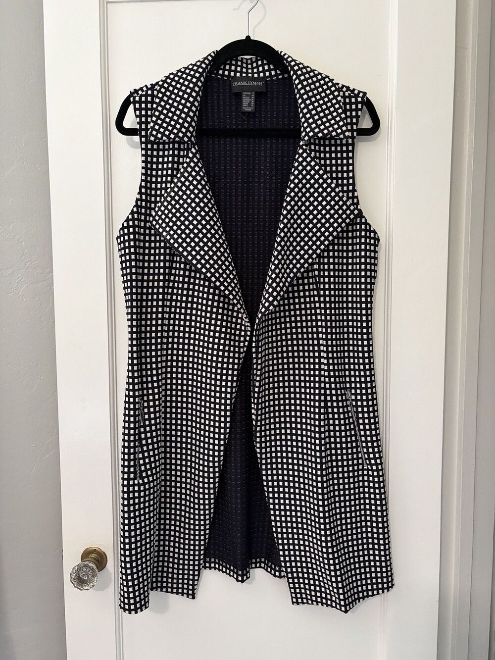Frank Lyman Longline Vest Duster Black White Geometric Grid Zip Pockets 8 Medium